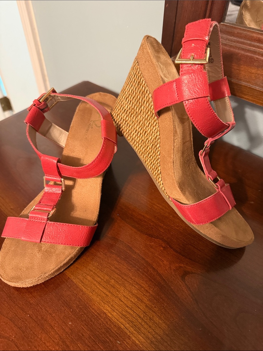 A2 By Aerosoles Red T‑Strap Wedge Sandals with Woven Platform